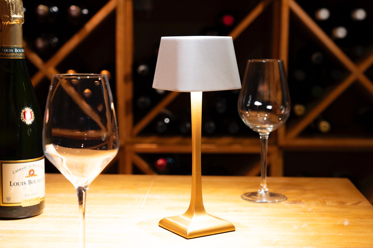 A CA MIA GLAPHYRA GOLD AND WHITE. Rechargeable Wireless LED Table Lamp. 