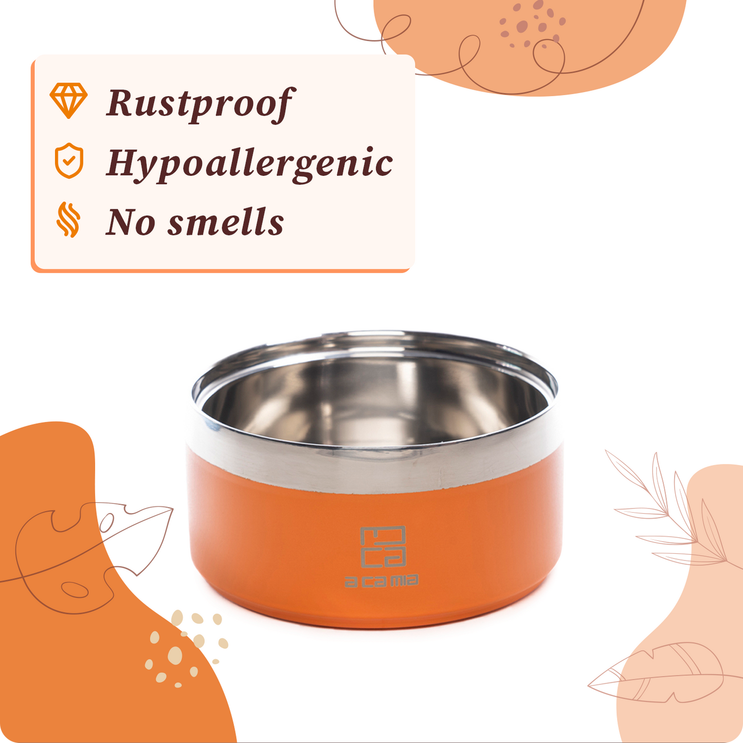 Dog and Cat Bowl "Linea Patera" ORANGE color in hypoallergenic stainless steel with double layer chamber for dry food, wet food and water. Diameter 14 cm, non-slip, five colors available. (Copy) (Copy) 