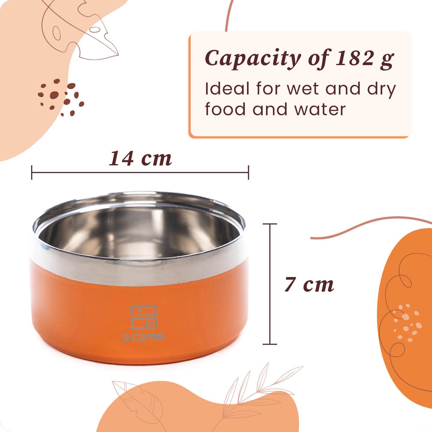 Dog and Cat Bowl "Linea Patera" ORANGE color in hypoallergenic stainless steel with double layer chamber for dry food, wet food and water. Diameter 14 cm, non-slip, five colors available. (Copy) (Copy) 