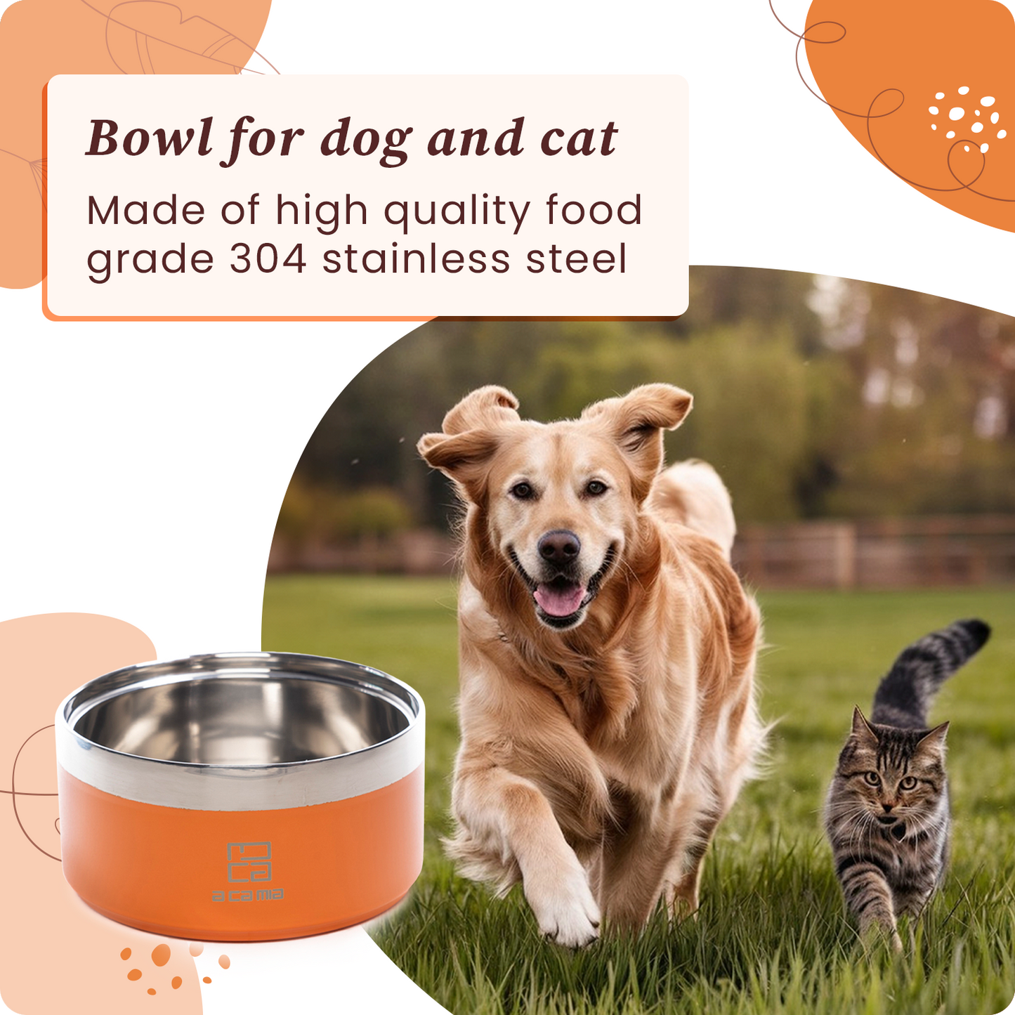 Dog and Cat Bowl "Linea Patera" ORANGE color in hypoallergenic stainless steel with double layer chamber for dry food, wet food and water. Diameter 14 cm, non-slip, five colors available. (Copy) (Copy) 