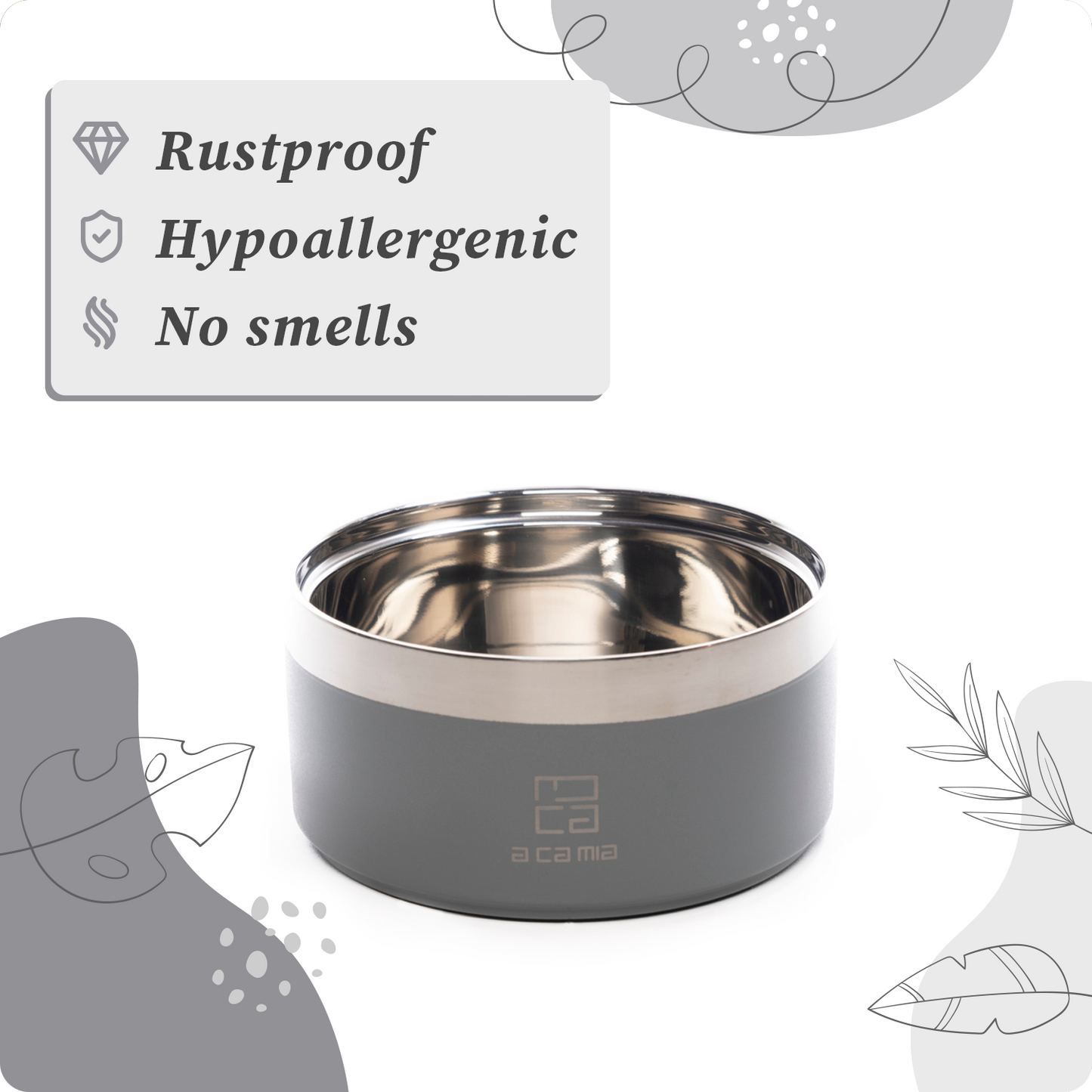 Ciotola per Cane e Gatto “Linea Patera” colore GRIGIO in Acciaio Inox Anallergico con camera doppio strato per Cibo Secco,Umido e Acqua. Diametro 14 cm, Antiscivolo,Cinque Colori disponibili.