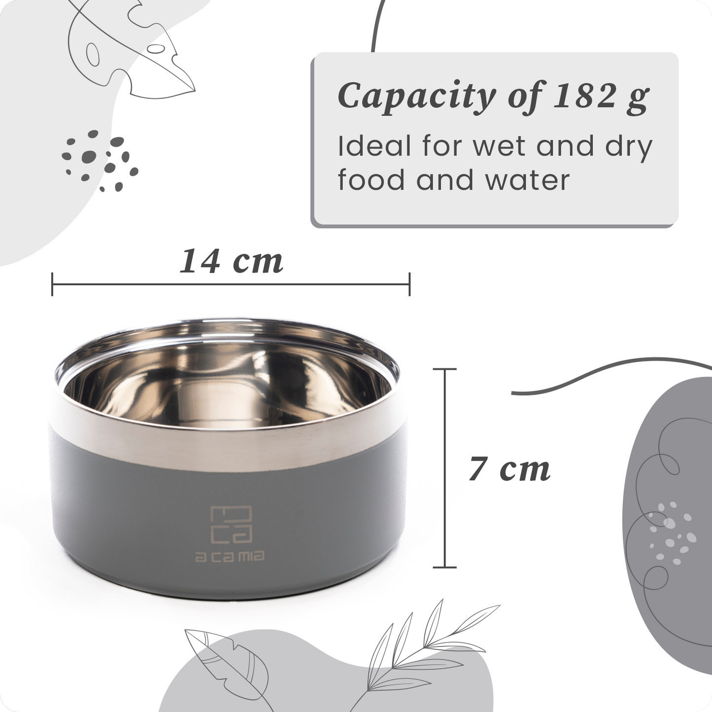 Ciotola per Cane e Gatto “Linea Patera” colore GRIGIO in Acciaio Inox Anallergico con camera doppio strato per Cibo Secco,Umido e Acqua. Diametro 14 cm, Antiscivolo,Cinque Colori disponibili.